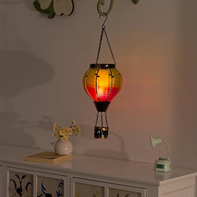 Hot Air Balloon Solar Lantern Flickering Flame | Gradient Color, Handmade Glass, , Waterproof Outdoor Lantern, Decor for Patio, Garden, Porch
