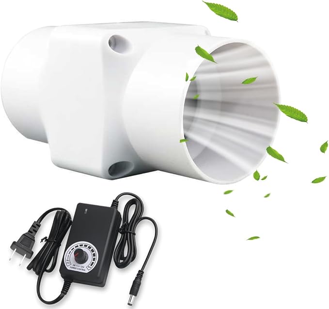 2 Inch Inline Duct Fan with Speed Governor, Voltage Regulator, Compatible with 12V/110V, HVAC Exhaust Ventilation Fan for Homes, Basements, Attics, RV, Grow Tents, Camping