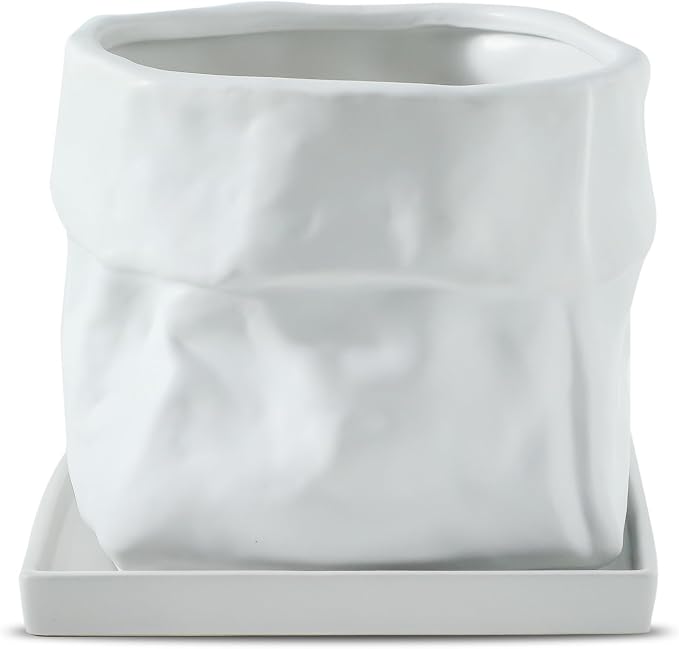 Nihow Ceramic Plant Pot: 8 Inch Planter with Drainage Hole & Square Saucer for Herbs/Plants, Bag Shape Design Flower Pot for Indoor & Outdoor Garden Decor - White | Bag Shape Design,Indoor & Outdoor,Living room/Office/Bedroom/Windowsill/Tabletop,Plant ...