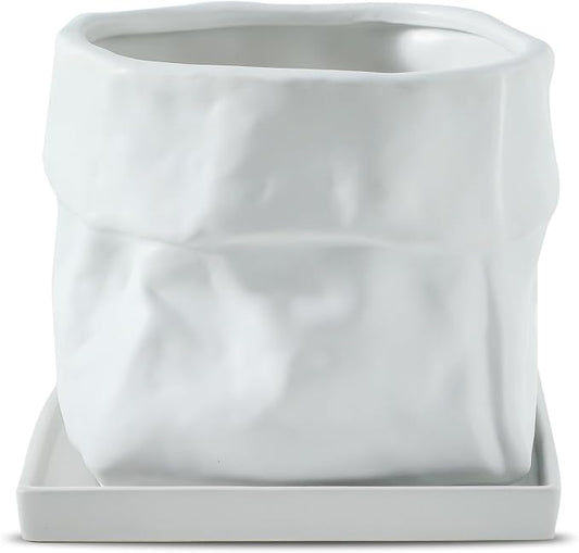 Nihow Ceramic Plant Pot: 8 Inch Planter with Drainage Hole & Square Saucer for Herbs/Plants, Bag Shape Design Flower Pot for Indoor & Outdoor Garden Decor - White | Bag Shape Design,Indoor & Outdoor,Living room/Office/Bedroom/Windowsill/Tabletop,Plant ...