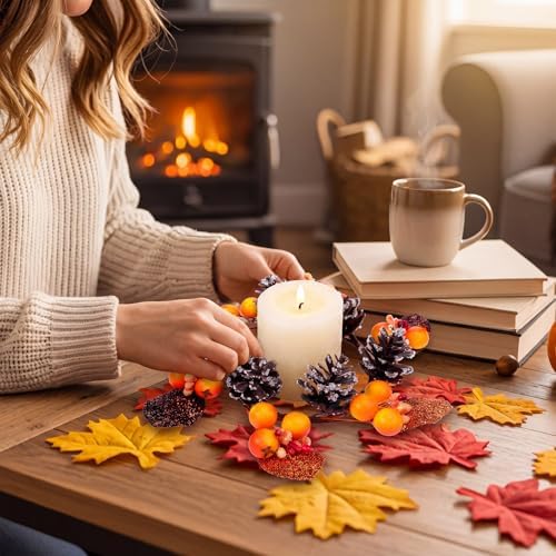 Daifunli 2 Pcs Fall Pillar Berry Candle Ring 3.25 Autumn Maple Pine Cones Acorns Wreath Candles Holder for Thanksgiving Winter Christmas Rustic Table Centerpiece Mantel Door Decor - Image 3