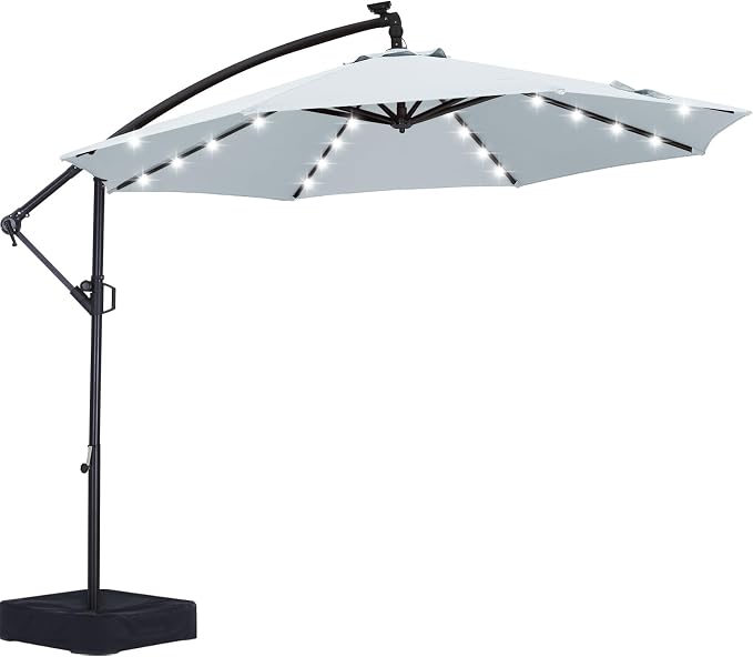 ABCCANOPY 10 FT LED Patio Umbrellas Cantilever Umbrella with base, 360° Rotation Outdoor Lighted Offset Umbrella Bonus Fixed Frame & Weights Bag for Backyard, Deck, Poolside (Gray)