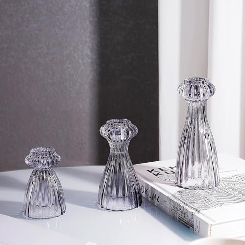 Lysenn Glass Candlestick Holders, Taper Candle Holders Set of 3, Smoke Gray by Lysenn