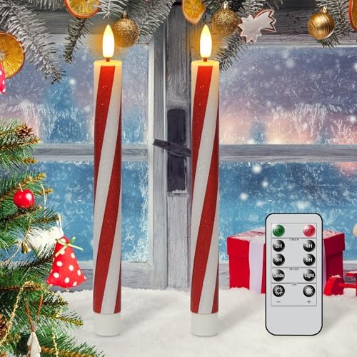 Candy Cane Flameless Taper Candles Battery Operated Remote Timer by DRomance