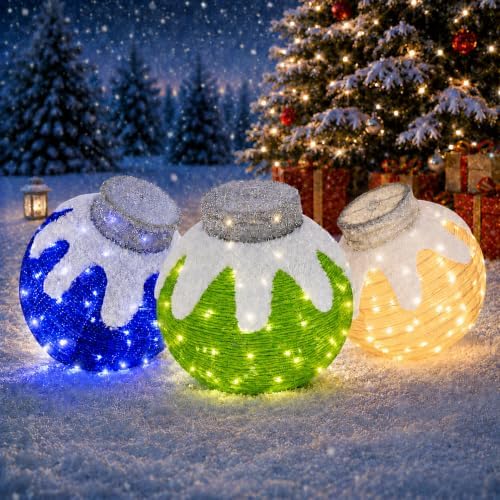 3 Pcs Outdoor Christmas Ornaments, Lighted Pop-Up Holiday Ball Decoration with 240 LED Lights, 8 Light Functions, Lighted Collapsible Christmas Outdoor Decorations for Yard, Patio, Home by TNGAN