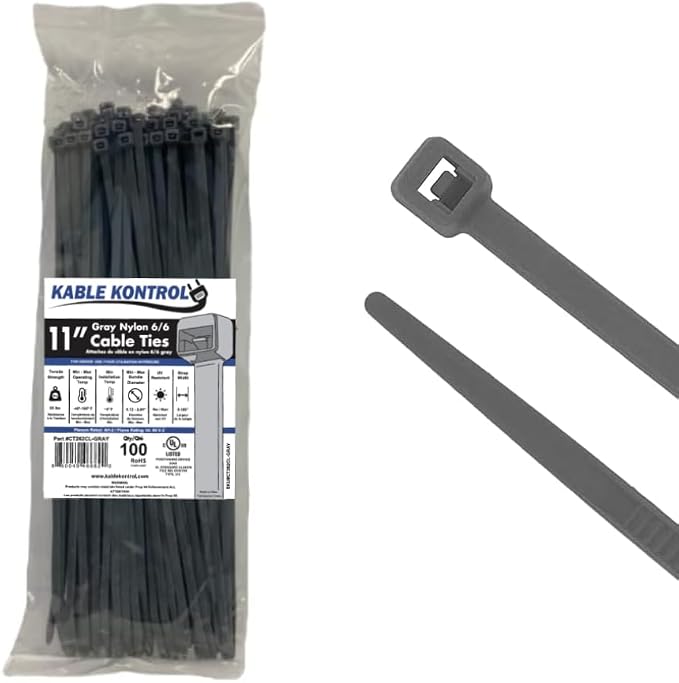 Kable Kontrol Gray Zip Ties 11 Inch 100 Pcs, 50 Lbs Tensile Strength, Self-locking Nylon Colored Cable Ties Wire Wraps for Indoor or Outdoor Use