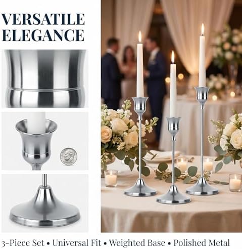 Silver Taper Candle Holders 2 Sets(6 Pcs) - Tall Metal Candlestick Holders for Table Centerpiece, Formal Dinner, Wedding, Fireplace Mantel Decor, Fits 3/4 Inch Thick Candles - Image 4