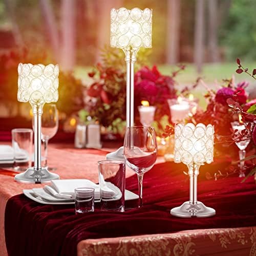 Mumufy 12 Pieces Crystal Candle Holders Set 3 Sizes Tall Crystal Wedding Candlestick Holders Pillar Candelabra Stand for Table Centerpieces for Christmas Party Wedding Dining Decoration (Silver) - Image 5