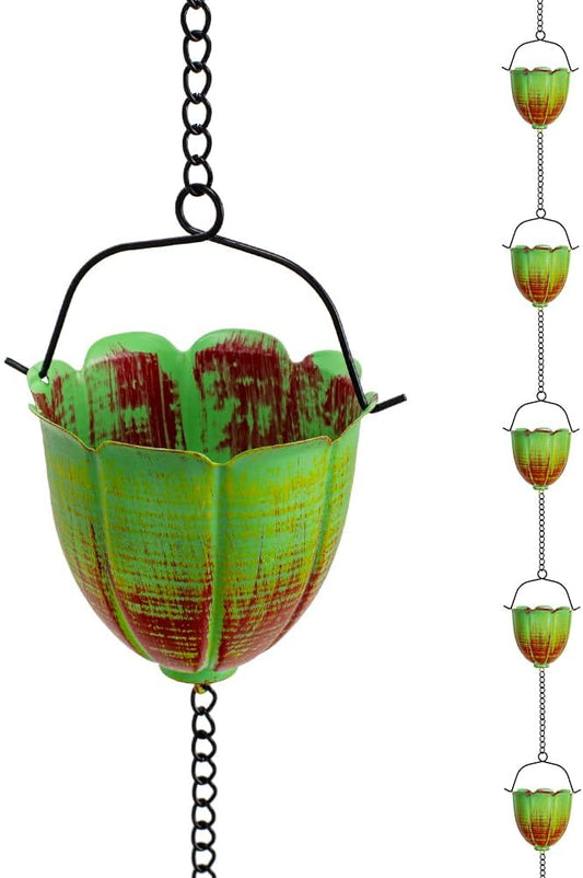 Rain Chains for Outside, 10FT Rain Water Chain with 12 Lily Cups, Adjustable Rain Gutter Chain with Bell for Eaves Drainage, Replacement for Downspout
