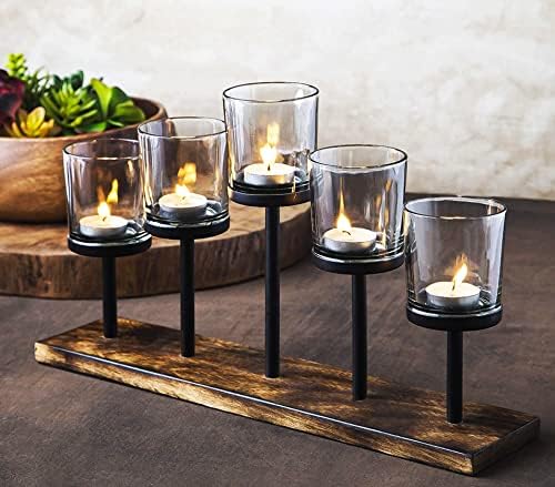 Decorative Votive Candle Holder Centerpiece, 5 Glass Cups on Wood Base by LERAZE
