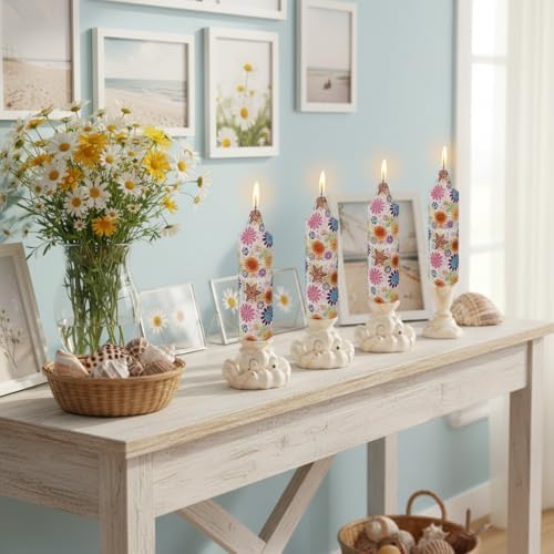 5 inch Short Candle Floral Candle Sticks Seashell Printed Candles Stick Handmade Unscented Taper Candle 4 Pack Flower Tapered Candles for Evening Wedding, Bohemian Seaside Theme Home Decor - Image 4