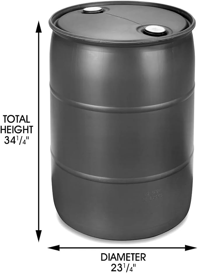 55 Gallon Water Storage Barrel, BPA Free, Emergency Water Supply - Eco Friendly - Made in USA (BLACK)
