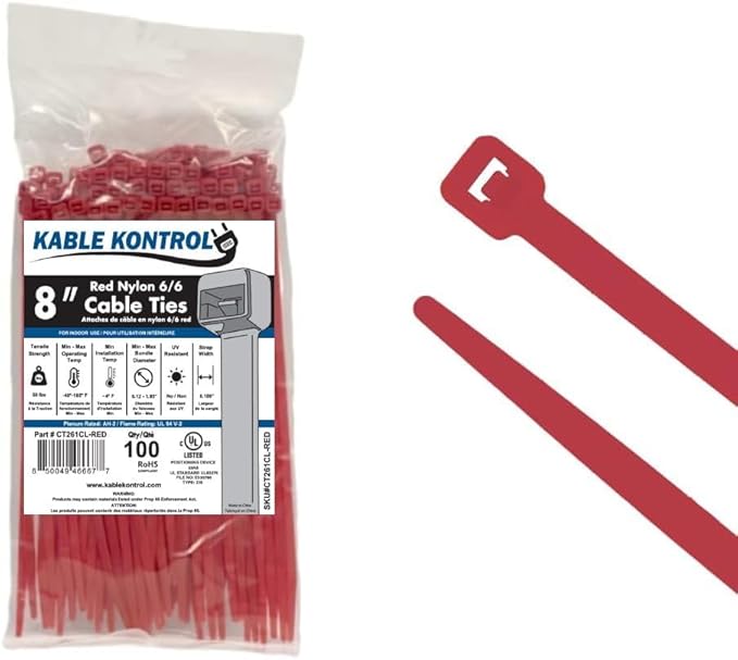 Kable Kontrol Red Zip Ties 8 Inch 100 Pcs, 50 Lbs Tensile Strength, Self-locking Nylon Colored Cable Ties Wire Wraps for Indoor or Outdoor Use