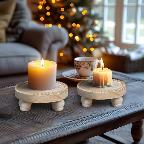 Small Wood Risers for Decor, Round Wooden Display Risers Candle Plates and Trays, Farmhouse Candle Trays Home Decor, Pedestal Stand for Mini Cake, Mug Display Decorative, Table Centerpiece, Brwon - Image 3