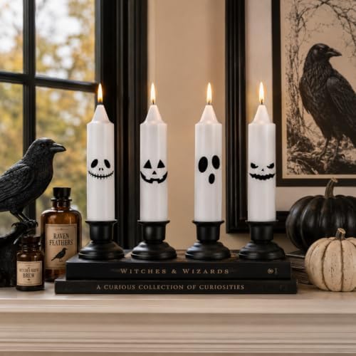 Halloween Taper Candles 5in, 4 Pack White Candles with Spooky Ghost Faces - Image 2