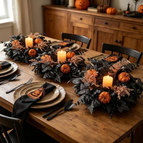 4 PCS Halloween Candle Rings Wreaths Artificial 3.5 Inch Black Maple Leaves Glitter Orange Pumpkin Candle Rings Mini Wreath for Pillar Candle Halloween Party Home Table Indoor Outdoor Decorations - Image 6