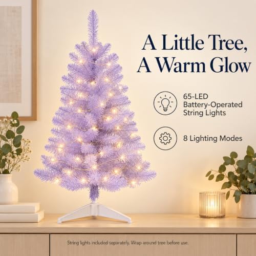 3FT Artificial Christmas Tree with Tinsel and String Lights – Tabletop Small Xmas Tree for Desk, Office, or Small Spaces – Full Branches, Easy Assembly, Holiday Decoration (Lavender Tinsel) - Image 4