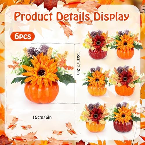 Set of 6 Mini Fall Pumpkin with Artificial Flower Decorations Thanksgiving Sunflower Centerpieces for Tables Harvest Fall Table Floral Decor Autumn Fireplace Mantle Living Room Home Kitchen Party - Image 2