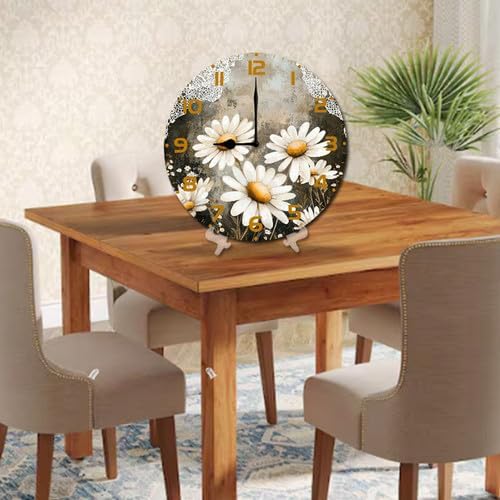 Chamomile Flowers Daisies Wooden Silent Non-Ticking 10 Inch Round Clocks Battery Operated Analog for Living Room Kitchen Bedroom Bathroom Office Home School Decor