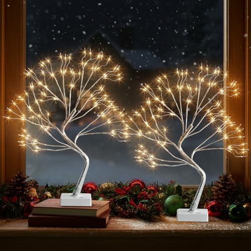 EAMBRITE Fairy Light Tree, 108 Led Light up Trees Decor Indoor, 8 Modes Fairy Light Spirit Tree for Christmas Decorations, USB& Battery Tabletop Bonsai Tree for Home Bedroom Decorations (2 PK, Sliver) by EAMBRITE