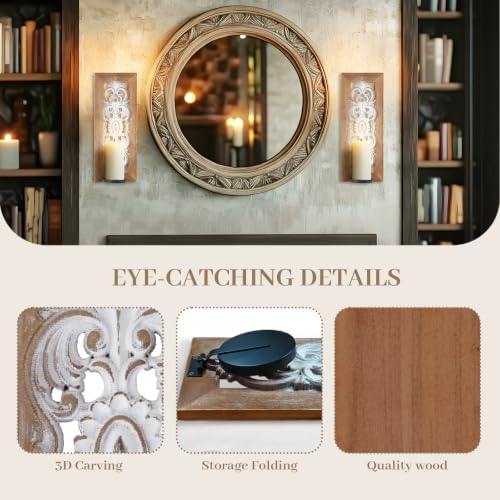Wall Candle Sconces Set of Two, Rustic Wood Candle Sconce Shabby Chic Wall Decor, Distressed Carved Brown Wooden Wall Candle Holder for Farmhouse, Bedroom, Fireplace, Brown - Image 3