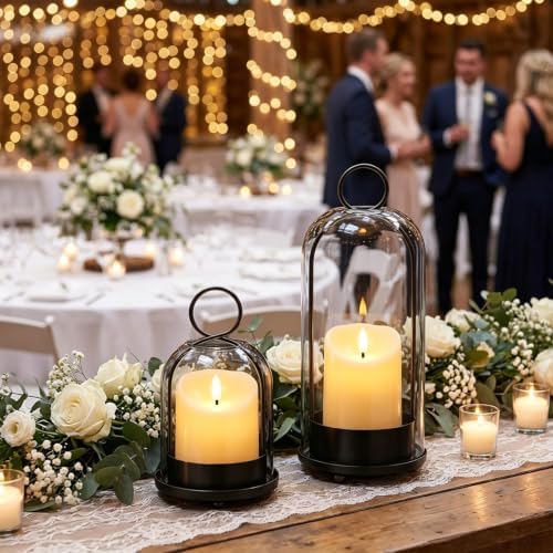 Brass Hurricane Handmade Sturdy Glass Dome Candle Holders with Glass Cover, Set of 2 Flameless Battery Operated LED Pillar Candles and Remote, Elegant Cloche Lantern for Modern Table Centerpiece - Image 3