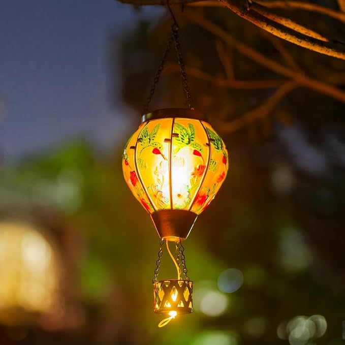 Starsoul Hummingbird Hot Air Balloon Solar Lantern with Candle Holder Glass Outdoor Solar Hot Air Balloon Flickering Flame for Lawn Porch Yard Decorations Gifts for Women Mom Grandma