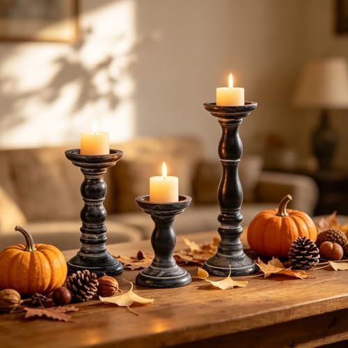 Vintage Pillar Candle Holders Set of 3 - Distressed Black Wood Candlestick Holders for Table Centerpieces, Farmhouse Decor for Fireplace Mantel, Rustic Shabby Chic Candle Pillar Holder for Home - Image 6