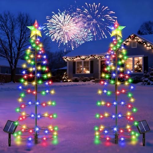 24" Spiral Solar Christmas Tree Outdoor Decorations 2 Pack - Upgrade 80 LEDs Multicolor Solar Christmas Lights with 8 Lighting Modes, Waterproof Pre-lit Xmas Tree for Pathway Garden Patio Yard by AOUNQ