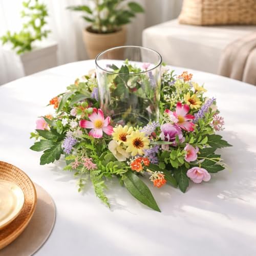 Floral Candle Holder Centerpiece for Table, Glass Hurricane with Detachable Small Floral Wreath, Farmhouse Spring Centerpiece for Dining Table, Wedding, Home Decor - Image 2