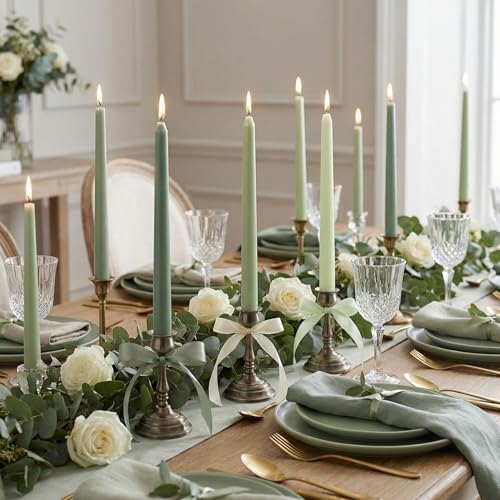 12 Pcs Sage Green Series Taper Candles with 3 Rolls of Ribbon - Image 3