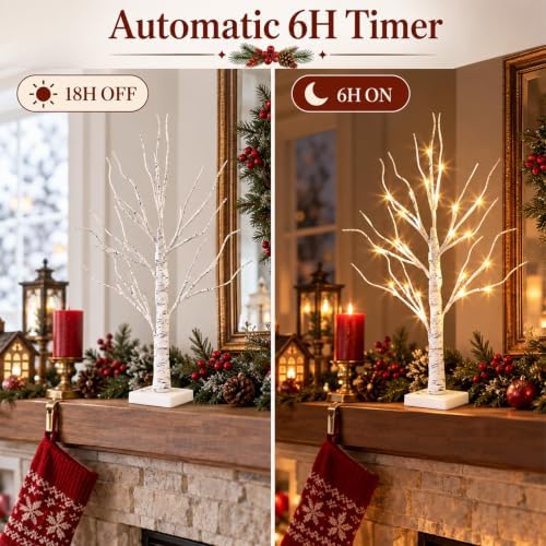 EAMBRITE Christmas Decorations Indoor Lighted Birch Tree Home Decor, 2Pack 24 LED Light Up Tabletop Mini Small Artificial White Trees Lamp with Lights Battery Operated/USB for Winter Table Mantel 2FT - Image 5