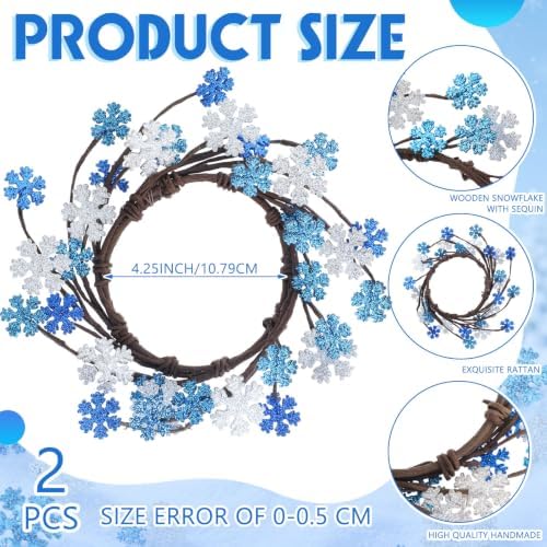 Daifunli 2 Pcs Winter Blue Snowflake Candle Rings Snowflake Wreath Glitter Vintage Wood Wreaths for Pillar 4.25 Inch Candles Holder for Winter Christmas Rustic Table Centerpiece Decor - Image 2