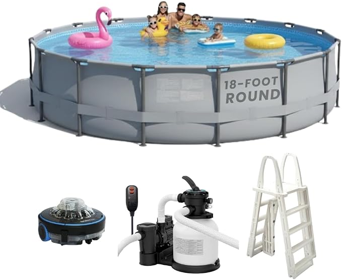 Heavy Duty Frame Above Ground Swimming Pool, CaliFun 18' Round 52" Tall – Rugged 30 mil Liner, Powder‑Coated HD Steel Frame, Easy Setup, Includes Pump, Sand Filter, Skimmer and Pool Cleaner