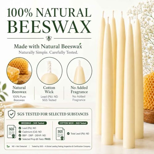 White Beeswax Candles Taper,100% Natural,8 Inch,6 Pack,Up to 8 H,Non-Toxic - Image 2