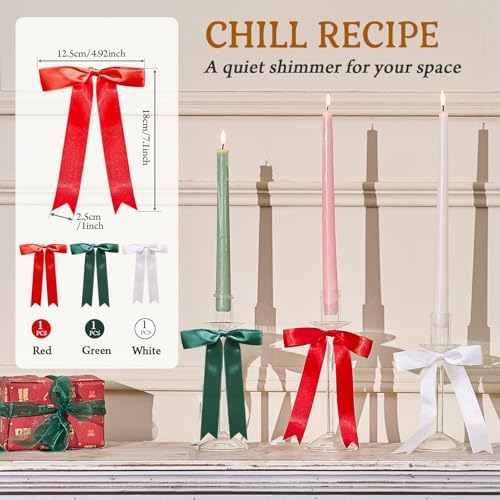 CHILL RECIPE Christmas Candle Holder Glass Taper Candlestick Holders with Built-in Candle Drip Protectors Bows Decor for Table Centerpiece Wedding Party Christmas(Red Green White) - Image 4
