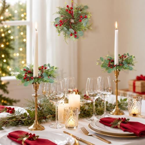 12 PCS Christmas Pine Taper Candle Rings Wreaths 1.38" Mini Norfolk Cedar Taper Candle Holder Wreaths Candle Rings with Berry for Xmas Winter Holiday Church Home Table Centerpiece Candlesticks Decor - Image 5