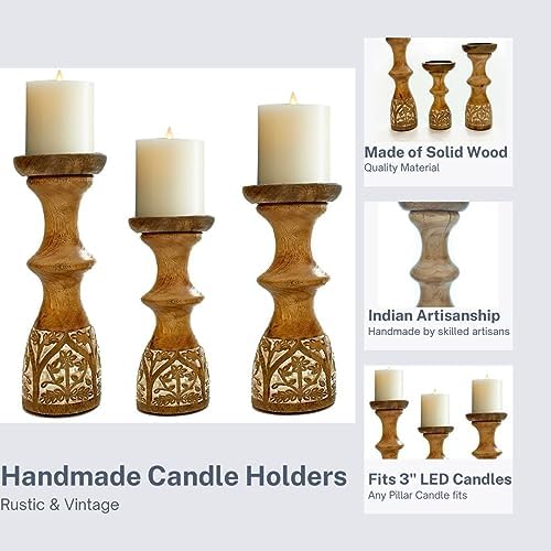 Perilla Home Wood Texture Candlestick Holders Set of 3 - Premium Candle Holders for Candlesticks, Taper Candles, Party, Anniversary, Dinning Table Vintage Candle Holder Centerpiece - (12"x10"x8") - Image 2