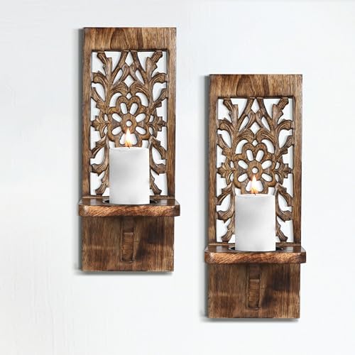 Wall Mounted Candle Sconces Set of 2 - Decorative Hand-Carved Wooden Candle Holders, Farmhouse Style, Perfect for Living Room, Bedroom & Kitchen Wall Décor - 16 Inch - Burnt Antique by Lightnpro