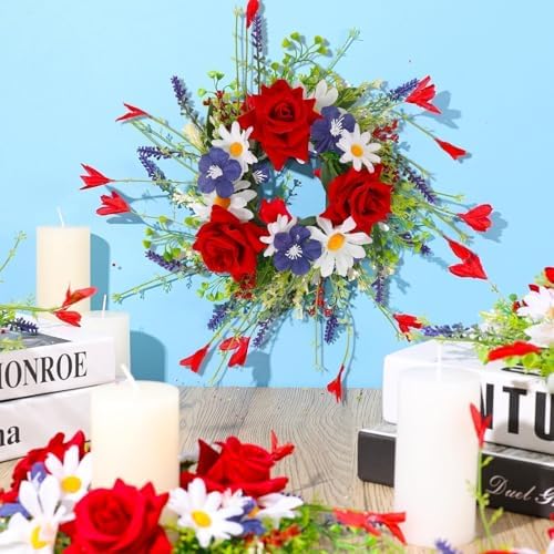 6 Pcs Patriotic Candle Ring Red, White and Blue Floral Veterans Day Wreath for Cabinets Mini Patriotic American Wreath 4th of July Independence Day Rings Wreaths for Pillars Table Window Door Decor - Image 2
