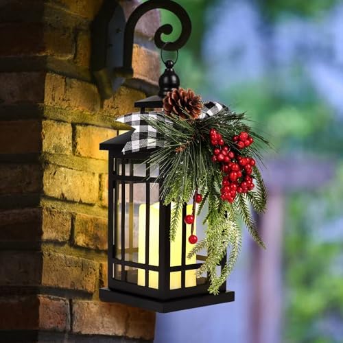 Metal Christmas Vintage Candle Lanterns with Remote Control and Led Light, Plaid Ribbon Decorative Hanging Lantern for Indoor Outdoor Xmas Porch Decorations Party Gift,WOKEISE - Image 3