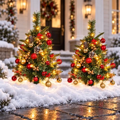2 Pack 2.5FT Pre-Lit Pathway Christmas Trees Outdoor, 35 LED Lights by MUMTOP
