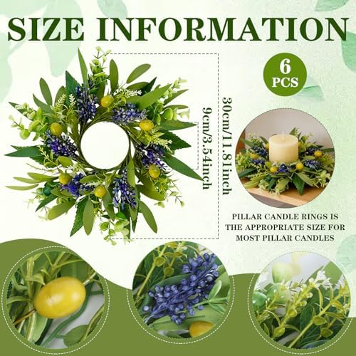 6 PCS Eucalyptus Olive Candle Rings Wreaths Spring Summer Greenery Kitchen Cabinet Wreaths Mini Green Boxwood Leaves Candle Wreath for Pillars Farmhouse Wedding Celebrations Tabletop Decoration - Image 3