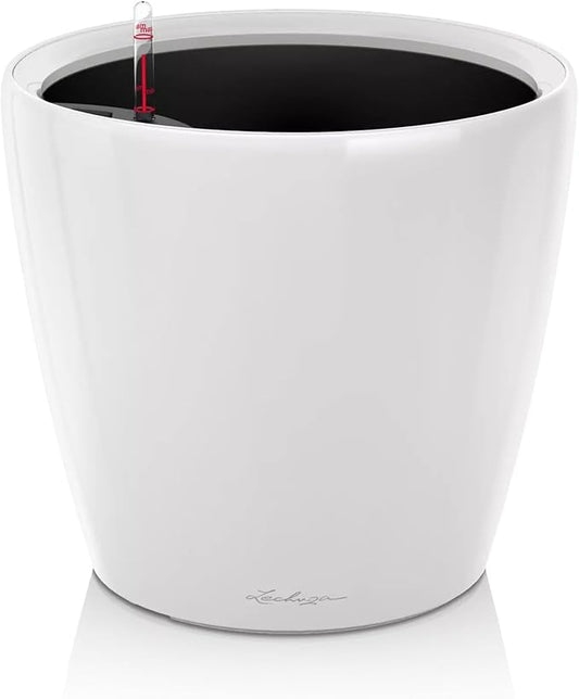 Lechuza Classico LS 35 White High Gloss, Self-Watering Round Planter, D13.8 H13 in