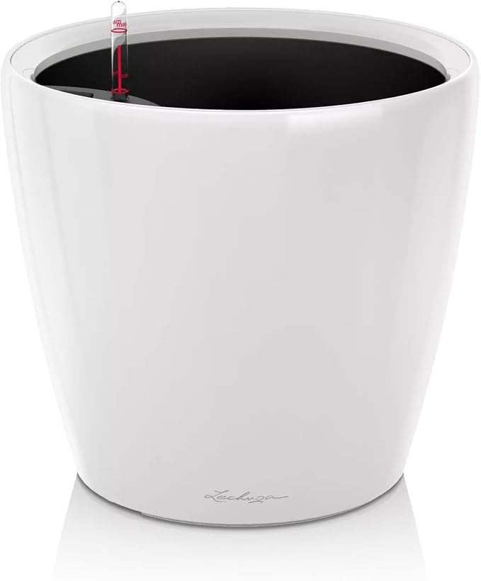 Lechuza Self Watering Plant Pot Classico 21 LS Garden Flower Indoor Outdoor Small Table Plastic Planter with Drainage Hole D21 H20 cm White High-Gloss