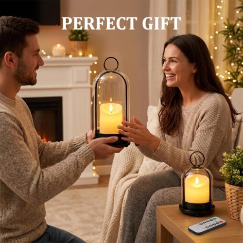 Brass Hurricane Handmade Sturdy Glass Dome Candle Holders with Glass Cover, Set of 2 Flameless Battery Operated LED Pillar Candles and Remote, Elegant Cloche Lantern for Modern Table Centerpiece - Image 7