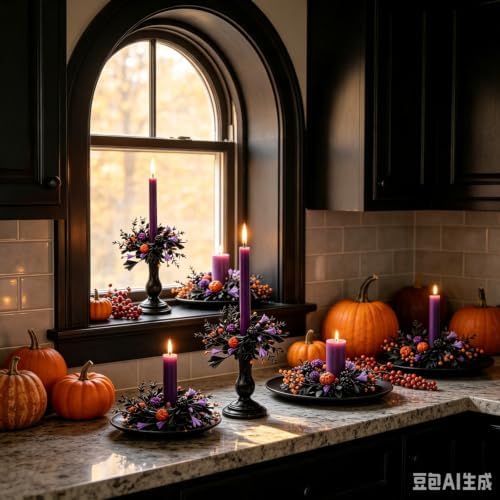 6 Pcs 1.38" Mini Halloween Taper Candle Rings Wreaths Small Artificial with Black Foliage Purple Blooms Orange Berries Pom Flowers Taper Candle Holder Wreath for Spooky Farmhouse Home Candlesticks - Image 5