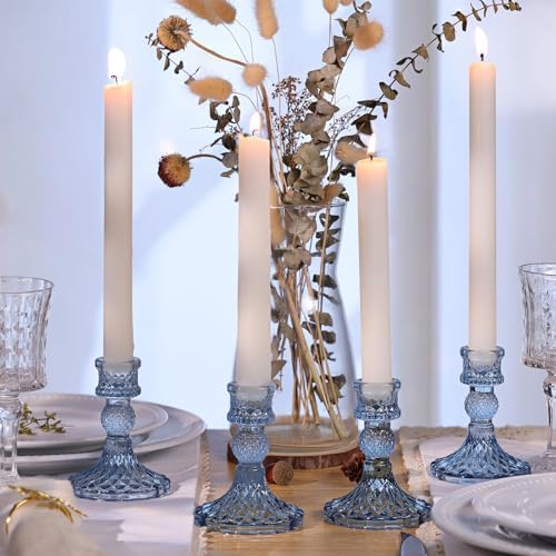 DARJEN 12Pcs 4" H Aqua Blue Candlestick Holders Set- Taper Candle Holders Bulk, Glass Candle Holders for Wedding, Party, Romantic Dinner Table Centerpieces, Festival Gifts & Windowsill Decor - Image 4