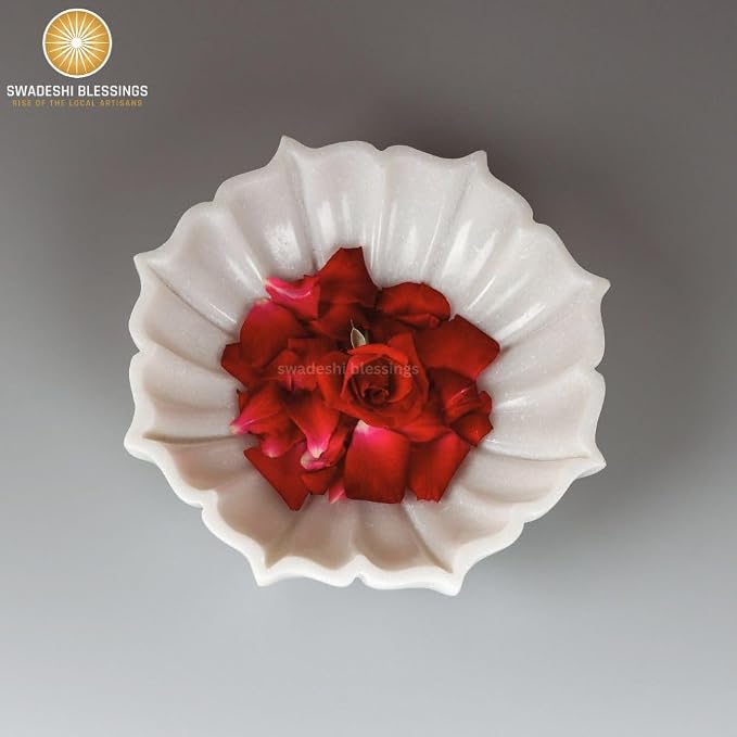 SWADESHI BLESSINGS HandCrafted Marble Lotus Bowl/Organic Modern Home Decor Bowl/Fruit Bowl/Vintage Ring Dish/Decorative Flower Dish/HouseWarming Gifts/Wedding Gifts/Urli (8 Inches)