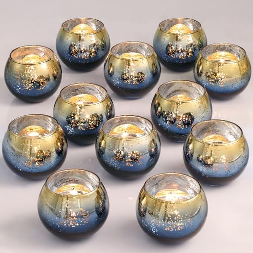 Volens Navy Votive Candle Holders Set of 12, Round Mercury Glass Votives by VolensLightUpYourLife